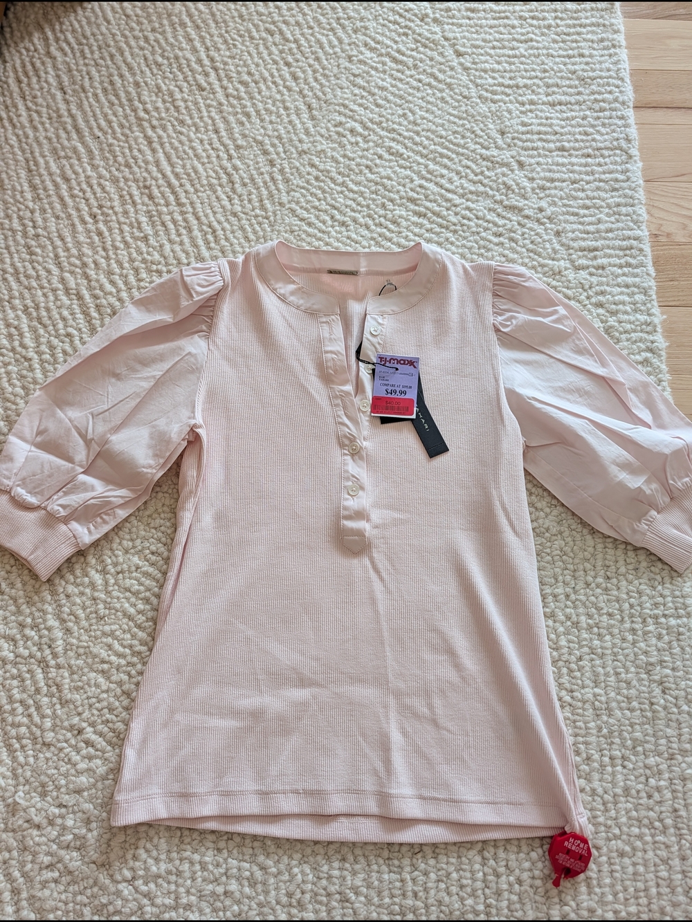 Elie Tahari Girls' Pale Pink Henley Puff-Sleeve Top